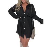 Women Long Sleeve Turn Down Collar Jumpsuit Button Down Shirt Dress Set Romper Playsuit Bodysuit Short Jumpsuit (A-Black, XXL)