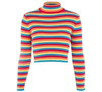 Women Long Sleeve Turtleneck Colorful Rainbow Stripes Pullover Short Sweater-Casual Trendy Ribbed Knit Crop Jumper Top for Autumn Daily Wear
