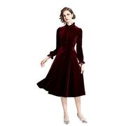 Women Long Sleeve Velvet Stretchy Dress,Elegant Stand Collar Single Breasted Courtly Slim Dress, Fashion Christmas Party A-Line Midi Dress,Wine red,M
