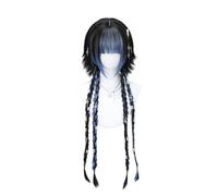 Women Long Straight Wig Hime Cut Wig Highlight Ombre Wig with Bang Sweet Lolita Princess Wig for Daily Party (Black Blue-braid)