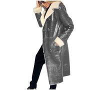 Women Long Winter Jacket Fashion Plush Jacket Winter Solid Color PU Jacket Large Size Jacket Transition Thick Warm Faux Leather Jacket Long Sleeve Lapel, Grey, L