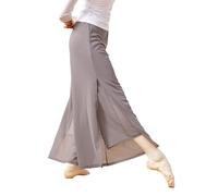 Women Loose 2 Layers Mesh Side Slit Dance Pants, Tea Gray, M