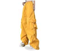 Women Loose Baggy Cargo Trousers with Pockets Elastic Low Waist Y2K Trousers Casual Wide Leg Parachute Pants with Drawstring Street Style Y2K Overalls UK Sale Clearance Yellow