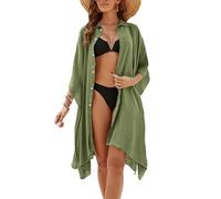 Women Loose Beach Cardigan Kimono Bikini Cover Up Oversized Blouse Style 3/4 Sleeve Summer Dress Beachwear (UK, Alpha, One Size, Regular, Regular, Army Green)