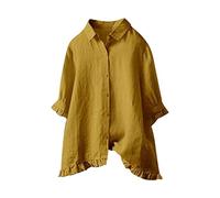 Women Loose Button Down Blouse Tops Stand Solid Sleeve Collar Long Casual Women Shirt Women's Blouse Cotton and Short Sleeve High Neck Shirts for Women Yellow
