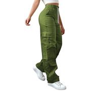 Women Loose Fit Cargo Trousers Cuffed Elasticated High Waisted Pockets Casual Drawstring Loose Fit Pants Work Combat Bottoms Casual Sports School Streetwear Ladies Travel Leisure Pant Green