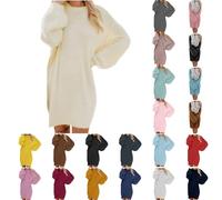 Women Loose Furry Coffee Brown White Winter Knit Pullover Tunic Sweater Long Sleeve Dress Casual Oversized Crewneck Knee Length Warm Fuzzy Plush Long Sleeve Midi Dress for Winter Holiday Party XS S