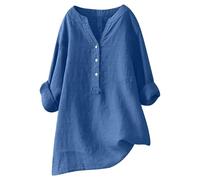Women Loose Solid Linen Shirt Long Sleeve Button Up Mandarin Collar Top Athletic Short Sleeve Shirt Women Blue