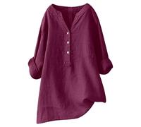 Women Loose Solid Linen Shirt Long Sleeve Button Up Mandarin Collar Top Athletic Short Sleeve Shirt Women Wine