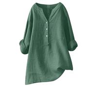 Women Loose Solid Linen Shirt Long Sleeve Button Up Mandarin Collar Top Athletic Short Sleeve Shirt Women Green