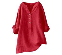 Women Loose Solid Linen Shirt Long Sleeve Button Up Mandarin Collar Top Athletic Short Sleeve Shirt Women Red