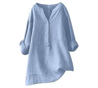 Women Loose Solid Linen Shirt Long Sleeve Button Up Mandarin Collar Top Athletic Short Sleeve Shirt Women Light Blue