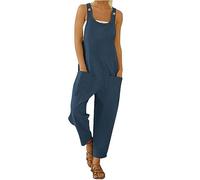 Women Loose Style Wide Leg Jumpsuit Solid Color U-shaped Collar Sleeveless Overalls Casual Streetwear Party Dungarees with Pockets (A-Navy, L)