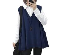 Women Loose Swing Chunky V-Neck Sweater Vests Oversized Knit Sleeveless Jumpers with Cute Drop Pockets Womens Knitted Sweater Vest Sleeveless V Neck Jumpers Vintage Retro Stylish Dark Blue