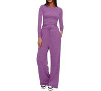 Women Lounge Wear Sets Crew Neck Tracksuit Two Piece Outfit Stretch-Long Sleeve Top and Drawstring Wide Leg Pants Co Ord Sets Straight Leg Pants Tracksuit Activewear Casual Leisure Wear Purple