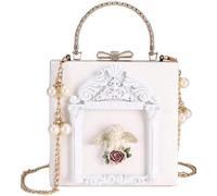 Women Love Angel Floral Evening Bag Rose Embossed Formal Purse Clutch Gold Crossbody Pearl Chain Shoulder Bag (White,One Size)