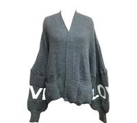 Women Love Balloon Puffy Sleeve Knitted Winter Cardigan Sleeves Love Slogan (Charcol, One Size UK Fits 8-22)
