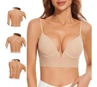 Women Low Back Bras-Invisible Backless Bra-Seamless Secret Plunge Bra No Show Bra Multiway Low Cut Bra Deep-V Halter Bra (UK, Cup & Band, C, 36, Nude)