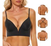 Women Low Back Bras-Invisible Backless Bra-Seamless Secret Plunge Bra No Show Bra Multiway Low Cut Bra Deep-V Halter Bra (UK, Cup & Band, D, 38, Black)