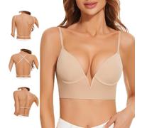 Women Low Back Bras-Invisible Backless Bra-Seamless Secret Plunge No Show Bra Multiway Low Cut Deep-V Halter Bras, Nude, 32DD