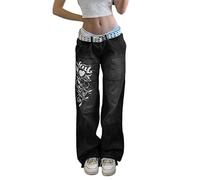 Women Low Waisted Flare Pants Y2k Graphic Wide Leg Denim Jeans Straight Bell Bottom Bootcut Leggings Streetwear (Z3s, S)