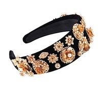 Women Luxury H Hoop Wide Headband Gold Alloy Flower For Rhinestone Leaf H Hoop Ethnic Vintage Prom Dance Navy Blue Headband