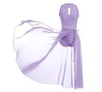 Women Lyrical Dance Costumes Adult Sleeveless Halter Lace Hollow Out Ballet Leotard Gymnastics Bodysuit+Long Tulle Tutu Wrap Skirt Flowy Dress Salsa Modern Contemporary Ballerina Dancewear Purple XS