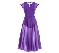 Women Lyrical Dance Costumes Cap Sleeve V-Neck U Backless Ballet Leotard Gymnastics Side Slit Mesh Tulle Long Skirt Maxi Flowy Dress Adult Latin Salsa Modern Contemporary Ballerina Dancewear Purple XL