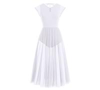 Women Lyrical Dance Costumes Cap Sleeve V-Neck U Backless Ballet Leotard Gymnastics Side Slit Mesh Tulle Long Skirt Maxi Flowy Dress Adult Latin Salsa Modern Contemporary Ballerina Dancewear White XS