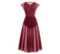 Women Lyrical Dance Costumes Cap Sleeve V-Neck U Backless Ballet Leotard Gymnastics Side Slit Mesh Tulle Long Skirt Flowy Dress Adult Latin Salsa Modern Contemporary Ballerina Dancewear Wine Red M