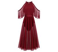 Women Lyrical Dance Costumes Halter Neck Cold Shoulder Mesh Flowy Long Tulle Tutu Skirts Adult Ballet Leotard Gymnastics Bodysuit Dress Latin Salsa Modern Contemporary Ballerina Dancewear Wine Red S
