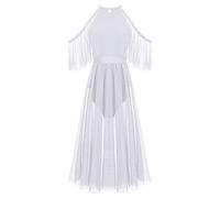 Women Lyrical Dance Costumes Halter Neck Cold Shoulder Mesh Flowy Long Tulle Tutu Skirts Adult Ballet Leotard Gymnastics Bodysuit Dress Latin Salsa Modern Contemporary Ballerina Dancewear White XS