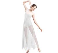Women Lyrical Dance Costumes Sleeveless Cut-Out Illusion Neckline Sequins Tank Ballet Leotard Slit Tulle Skirt Flowy Maxi Dress Adult Latin Salsa Modern Contemporary Ballerina Dancewear White XL