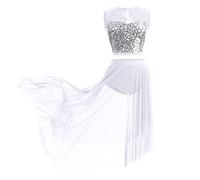 Women Lyrical Dance Costumes Sleeveless Floral Lace Sequin Crop Top+Leotard Gymnastics High Low Flowy Tulle Skirt Ballet Outfit Adult Latin Salsa Modern Contemporary Ballerina Dancewear White L