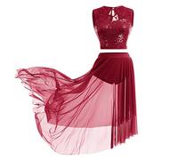 Women Lyrical Dance Costumes Sleeveless Floral Lace Sequin Crop Top+Leotard Gymnastics High Low Flowy Tulle Skirt Ballet Outfit Adult Latin Salsa Modern Contemporary Ballerina Dancewear Wine Red M