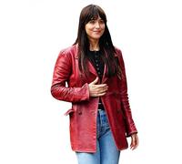Women Madame Maroon Leather Blazer Dakota Johnson Double Breasted Leather Jacket, Red, 3XL