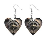 Women Magical Design Norse Runes Compass Wooden Earrings Lightweight Dangle Earrings Geometric Drop Earring Vintage Heart-Shaped Retro Daily Wear Jewelry Gift for Wedding Party Graduation