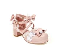 Women Mary Jane Block Heels Cross Strap Ruffle Bow Fancy Dress Pumps | 5cm block heel, 1.5cm platform, cross straps, pearl buckle, ruffle lace, bow, vintage fancy dress cosplay pumps