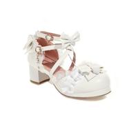 Women Mary Jane Block Heels Cross Strap Ruffle Bow Fancy Dress Pumps | 5cm block heel, 1.5cm platform, cross straps, pearl buckle, ruffle lace, bow, vintage fancy dress cosplay pumps