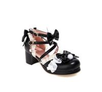 Women Mary Jane Block Heels Cross Strap Ruffle Bow Fancy Dress Pumps | 5cm block heel, 1.5cm platform, cross straps, pearl buckle, ruffle lace, bow, vintage fancy dress cosplay pumps