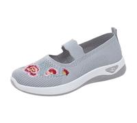 Women Mary Jane Shoes Mom Walking Nurse Shoes Flower Embroidered Knitting Non Slip Flat Loafers Mesh Breathable Orthopedic Sneakers Lightweight Slip On Flats Grey