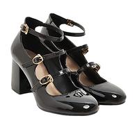 Women Mary Jane Shoes Patent Leather Double Buckle Strap Lightweight Court Shoes Wear-Resistant Block Heel Solid Color Leather Shoes Black
