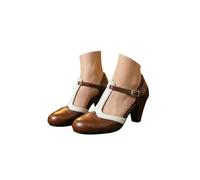 Women Mary Jane Shoes, Round Toe High Heel Sandals Buckle Solid Block Heel Mary Jane Shoes Ankle Strap Traditional Stacked Cone Heels Two Tone Saddle Heels Pumps Brown