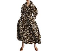 Women Maxi Shirt Dress Long Sleeve Button Smocked Cinched Waist A-line Dress Loose Swing Lapel Neck Dress with Pockets (Coffee Leopard, XXL)