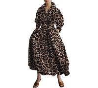 Women Maxi Shirt Dress Long Sleeve Button Smocked Cinched Waist A-line Dress Loose Swing Lapel Neck Dress with Pockets (Khaki Leopard, XXXXXL)
