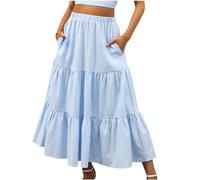 Women Maxi Summer Skirt Ruched Ruffle Elastic Waist Beach Skirt Flowy Swing Tiered Pleated A-Line Long Skirt Holiday Party Casual Full Length Skirts Solid Boho Dress with Pocket Light Blue