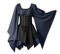 Women Medieval Corset Dress Halloween Cosplay Costumes Vintage Flared Mini Dress Elegant Cocktail Party Dresses Retro Long Sleeve Renaissance Dress Dark Blue