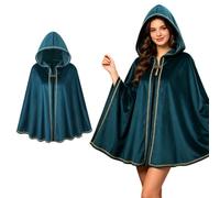 Women Medieval Costume with Hood Vintage Renaissance Velvet Cloak with Trim | Short Cape Witch Elf Princess Fancy Dress Cloak for Adult Ladies Halloween Christmas Cosplay, 9 Colours Available