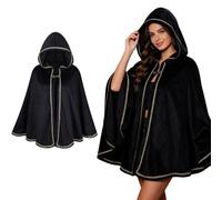 Women Medieval Costume with Hood Vintage Renaissance Velvet Cloak with Trim | Short Cape Witch Elf Princess Fancy Dress Cloak for Adult Ladies Halloween Christmas Cosplay, 9 Colours Available