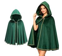 Women Medieval Costume with Hood Vintage Renaissance Velvet Cloak with Trim | Short Cape Witch Elf Princess Fancy Dress Cloak for Adult Ladies Halloween Christmas Cosplay, 9 Colours Available